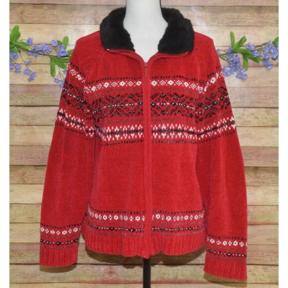 Carolyn Taylor Ladies Red Full Zip Faux Fur Fair Isle Sweater Cardigan Size XL - Picture 1 of 15